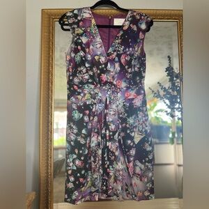 Anthropologie Purple Pink Sheath Dress V-Neck Cap Sleeve